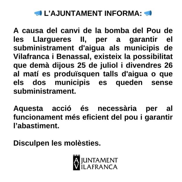 Comunicat de l'Ajuntament de Vilafranca