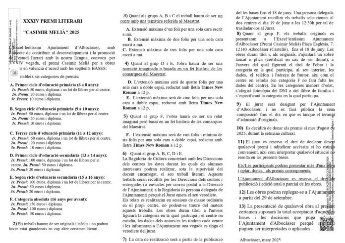 Bases del premi literari Casimir Melià Bases del premi literari Casimir Melià