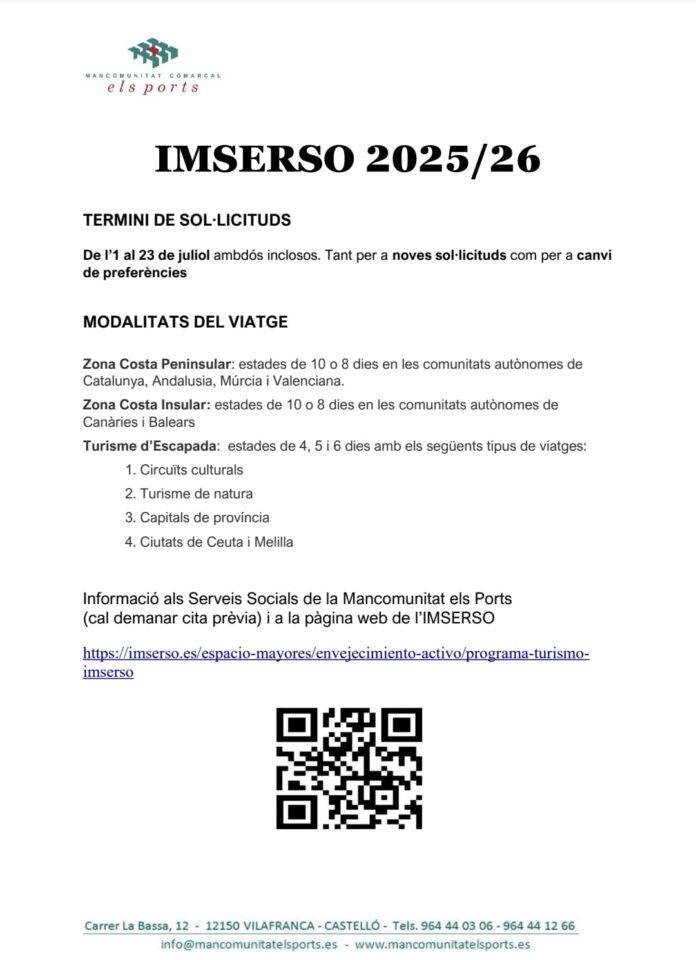 Obert el termini de sol·licituds per a l'Imserso