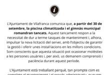 Vilafranca treballa en el manteniment de la piscina i el gimnàs municipals Missatge de l'Ajuntament de Vilafranca